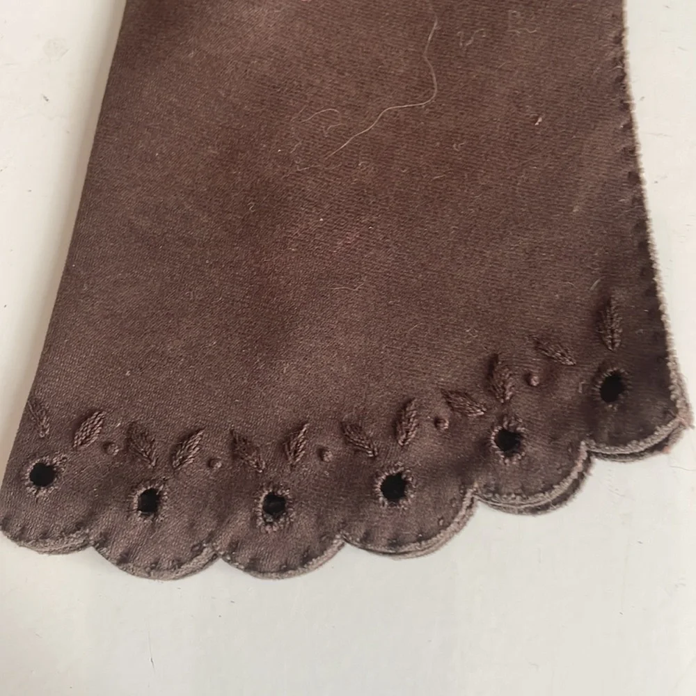 Vtg 1940s brown suede women’s gloves WPL 100% English double woven cotton 6 1/2